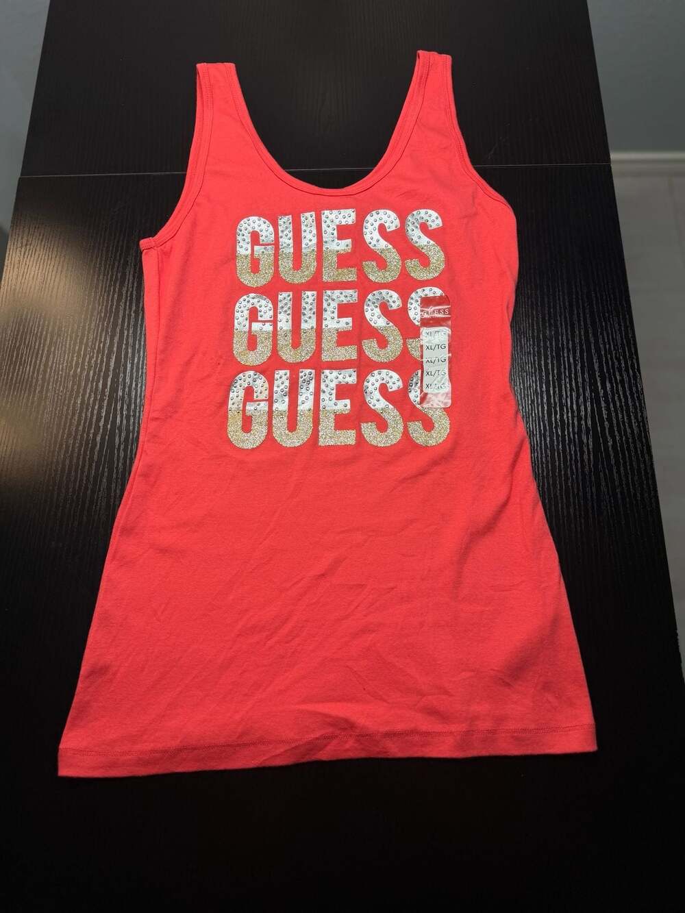 Guess Deja Logo Rhinestone Tank Top Lava Red Size XL